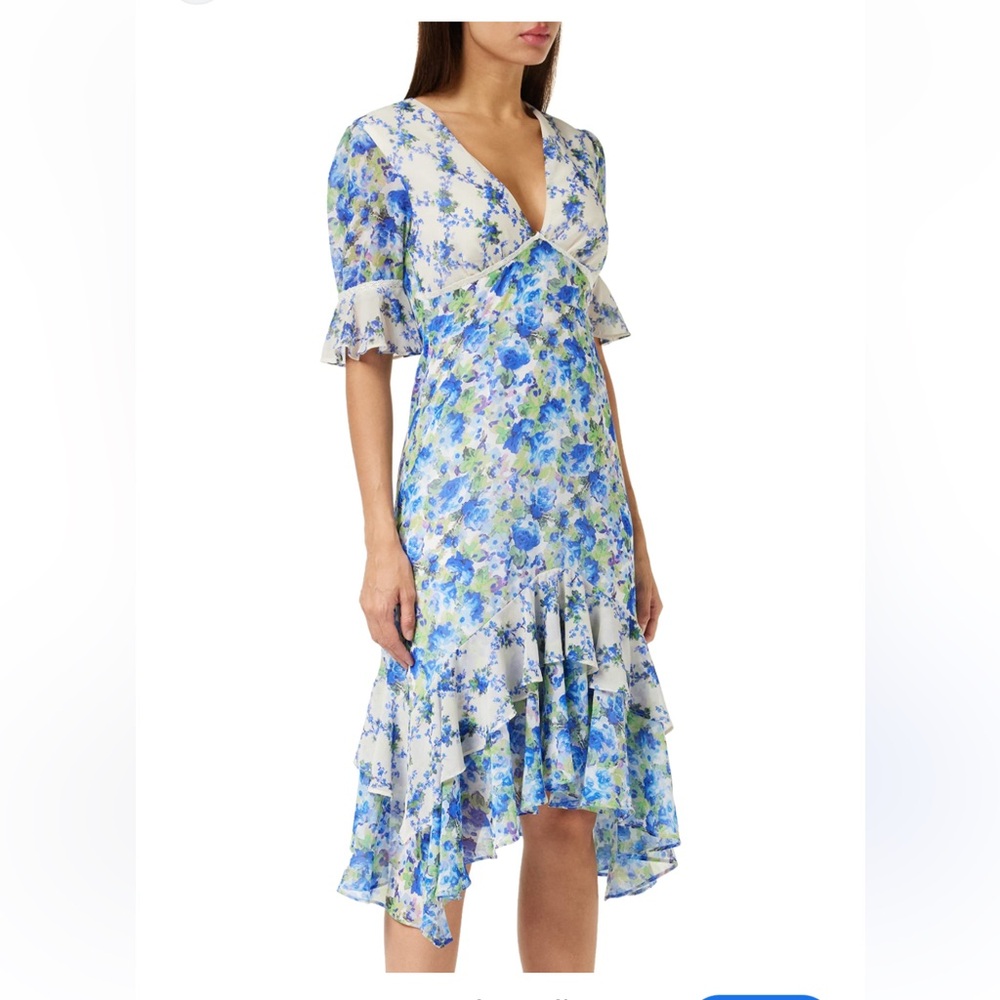 Hope & Ivy open back frill midi dress in contrast white and blue floral